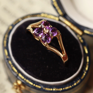 Pre-Owned Vintage 1980 9ct Yellow Gold Amethyst Flower Ring