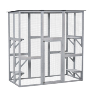 PawHut Wooden Catio Cat Outdoor Enclosure, Cat Cage with Waterproof Roof, Platforms, for Multiple Kittens, 180 x 98 x 180 cm