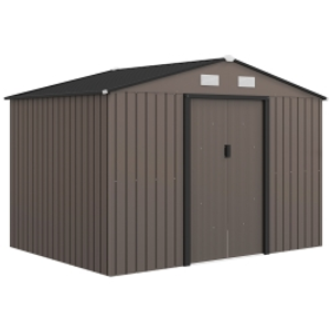 Outsunny Cobertizo de Jardín 4,9 m² 277x195x192 cm con 2 Puertas Corredizas Techo Inclinado y 4 Ventanas Marrón