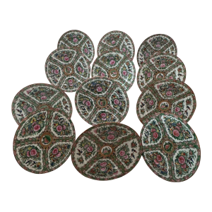 Early 20th Century Rose Famille/Rose Medallion Hand Painted Floral & Bird Pattern Chinese Porcelain Dinner Plates- Set of 12