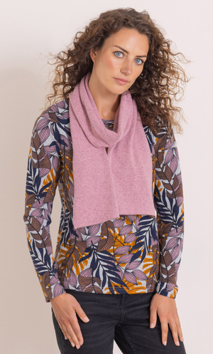 Anna Rose Leaf Printed Brushed Knit Top With Scarf - Grey/Mustard/Pink