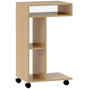 HOMCOM Mesa Auxiliar para Sofá Mesa Auxiliar en Forma de C con Ruedas Compartimentos Abiertos 40x30x69 cm Roble