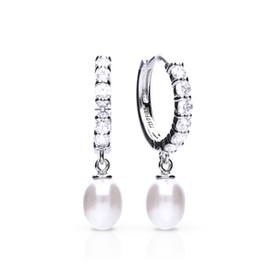 Silver Zirconia Hoop Earrings With Pearl Drop