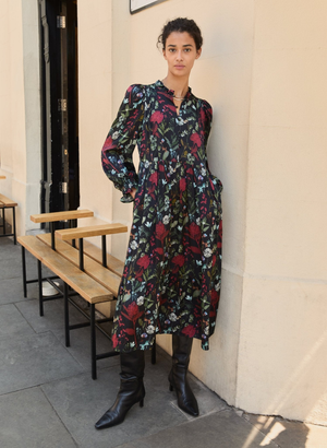 Grace Printed Midi Dress - UK 14 | EU 42 | US 10 / Black Botanical Print