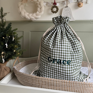 Mabel & Fox - Personalised Green Gingham Gift Sack - Embroidered