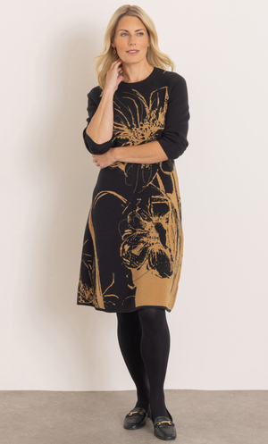 Knitted Floral Dress - Black/Beige
