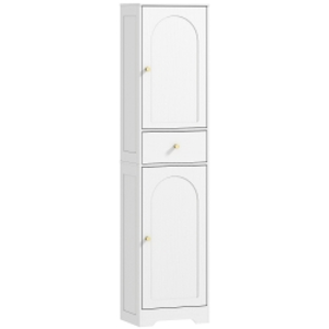 HOMCOM Armario Alto de Baño Estrecho con 2 Puertas Arqueadas Cajón y Estantes Ajustables Moderno 40x29,5x170 cm Blanco Veteado