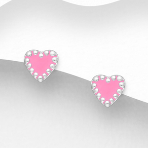 Signature Silver Pink Enamel Studded Heart Stud Earrings