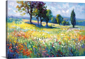 Wildflower Field With Trees In The Summer Countryside