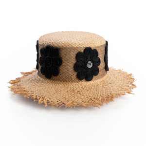 Black Daisy - Raffia Straw Hat With Floral Trimming (S)