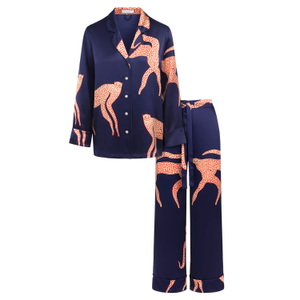 Luxury Blue Silk Pyjama Set | Leopard Print (S)