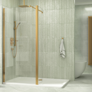 Marbella 600mm Brushed Brass Walk in Wet Room Shower Screen with Flipper Panel 8mm Easy Clean Glass