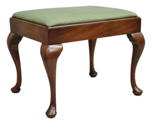 Late 20th Century Vintage Queen Anne Style Mahogany Wood Green Upholstered Footstool Ottoman