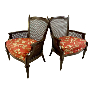 Mid-Century Spice French Toile Linen Newly Upholstered Cane Back Chairs With Brass Finials - a Pair
