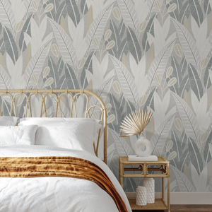 Grandeco Attitude Savannah Leafy Tropical Grey Metallic Wallpaper - A65701