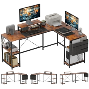 HOMCOM 168cm Reversible L Shaped Desk, Industrial Corner Computer Desk with Adjustable Shelf and Storage Bag, 240cm 2 Person PC Table with Monitor Stand, Rustic Brown