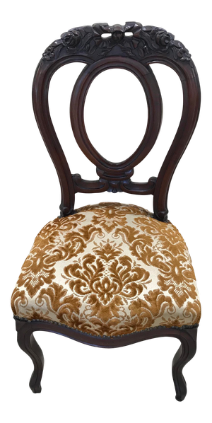 Vintage Balloon Back Parlor Chair With Gold Brocade Upholstrey