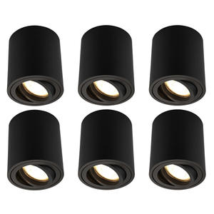 6x Dimmbare LED Aufbaustrahler - ø80mm - Rund - Schwarz - 3W - 2700K - Kippbar - IP20