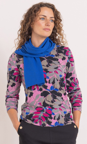 Anna Rose Leaf Printed Brushed Knit Top With Scarf - Grey/Pink