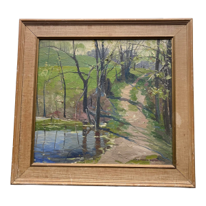 Vintage American Wooded Pond Landscape Framed Oil Painting on Canvas by Nina Mason Booth