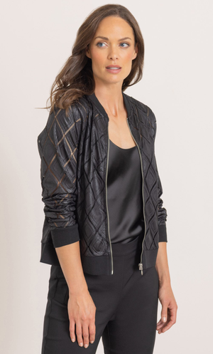 Diamond Pattern Bomber Jacket - Black