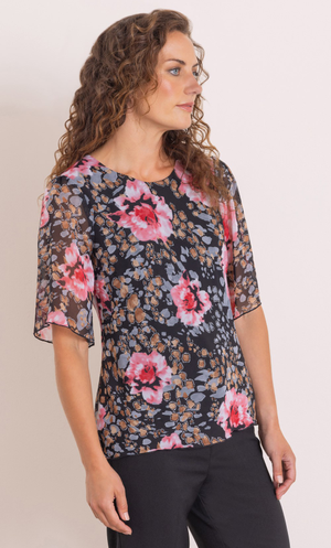 Anna Rose Floral Bias Cut Top - Black/Rouge