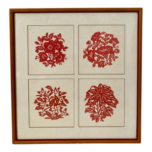 Vintage Red and White Floral Paper-Cuts of Nanking. Set of 4 Custom Framed.