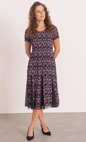 Anna Rose Pleated Floral Print Midi Dress - Black/Blossom
