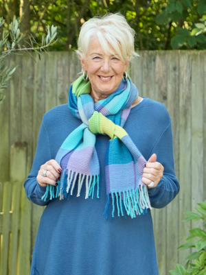 Checked Blanket Scarf - Blue/Lime