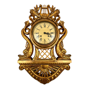 1940s German Carved Wood Gold Sea Monster Dragon Foo Dog Wall Clock