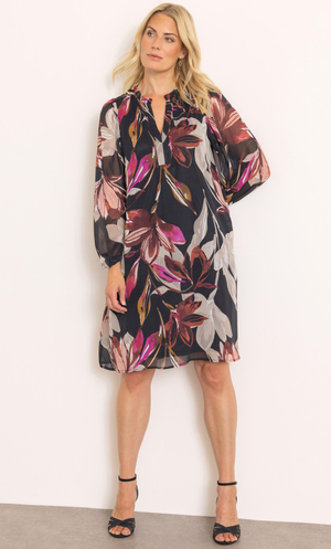 Long Sleeve Textured Floral Print Dress - Black/Multi