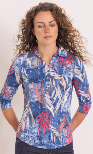 Anna Rose Textured Leaf Print Top - Blue/Pink/Multi