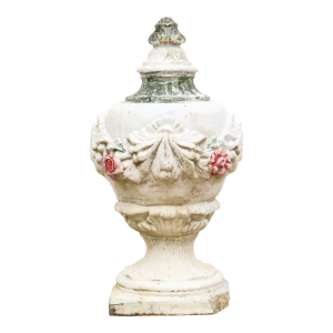 Antique English Urn Form Concrete Statuary With Rose Swag