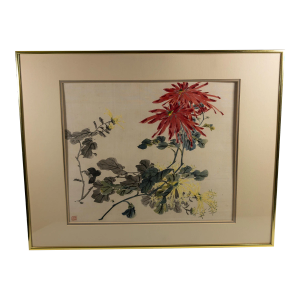 Mid-Century Chinese Watercolor Painting of Red and Yellow Chrysanthemums