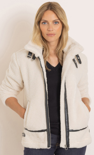 Faux Leather Trimmed Teddy Zip Jacket - Beige