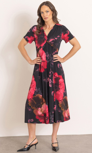 Floral Printed Twist Front Midi Dress - Black/Rouge