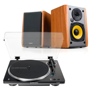 Audio-Technica AT-LP70XBT Bluetooth Black Turntable + Edifier R1010BT Active Bluetooth Speakers - Maple