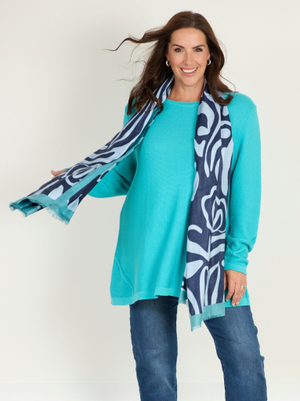 Graphic Print Bamboo Scarf - Blue/Navy