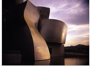 An exterior shot of the architecture of the Guggenheim Museum in Bilbao, Spain