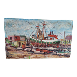 "Ship Yard" Expressionist Harbor Scene Oil on Board Painting, 1962