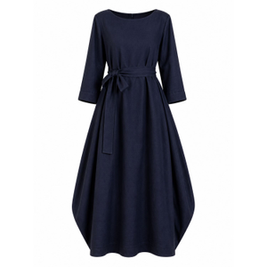 Maxi Linen Kaftan Dress With Tie And Bracelet Sleeves In Dark Blue (M)