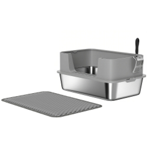 PawHut High Sided Stainless Steel Litter Box, Metal Cat Litter Tray with Metal Scoop, Litter Mat, Never Absorbs Odors, Grey