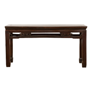 Antique Small Narrow Table with Rubbed Brown Patina & Carved Apron