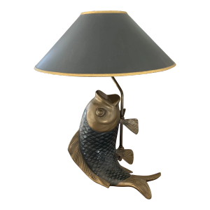 Mid Century Asian Style Brass and Pewter Koi Fish Table Lamp
