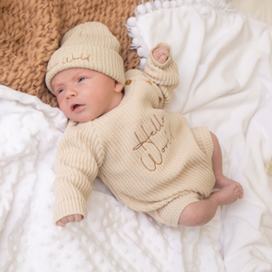 Taupe 'Hello World' Knitted Romper & Hat