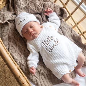 White 'Hello World' Knitted Romper & Hat