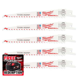 Milwaukee 48475035 SAWZALL Wood With Nails Thin Kerf Demolition Reciprocating Saw Blade 150mm x 5TPI (5 Pack)