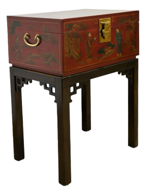 1970s Drexel Chinoiserie Red Lacquer and Brass Chest on Stand