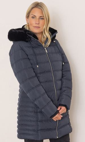 Padded Hooded Faux Fur Trimmed Coat - Navy
