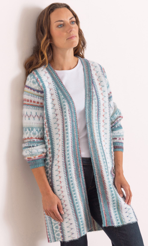 Anna Rose Open Front Longline Cardigan - Ivory/Grey/Multi
